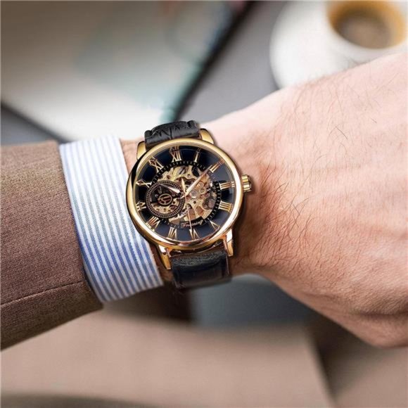 Men's Skeleton Watch Steampunk Watch Mechanical Watch for Men Retro, Black Band - Picture 4 of 6